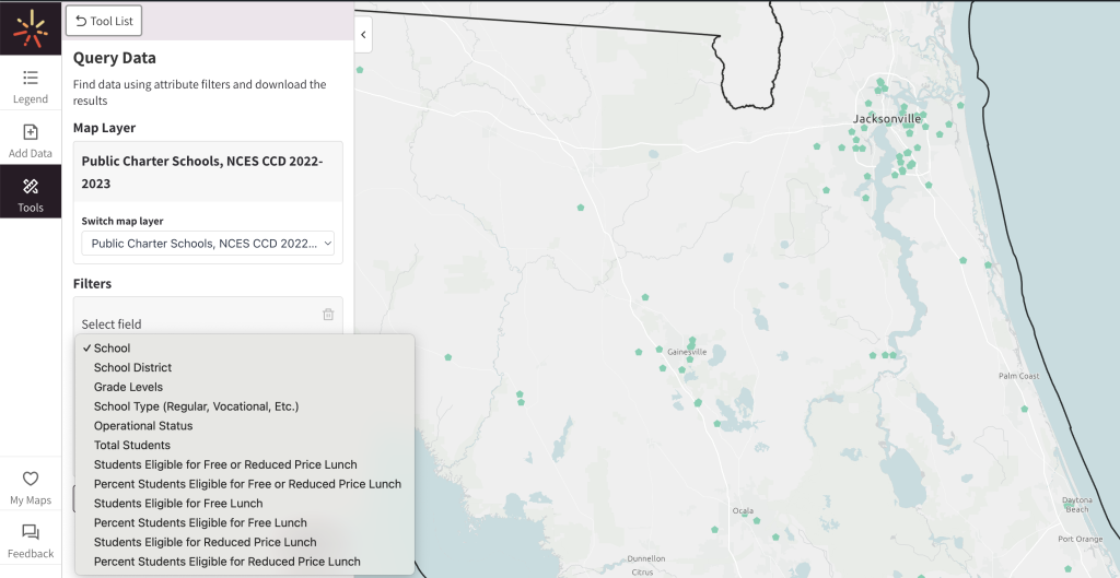 Query data tool with attributes including school name and total number of students